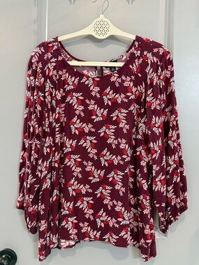 a.n.a Burgundy Floral Scoop-Neck Blouse